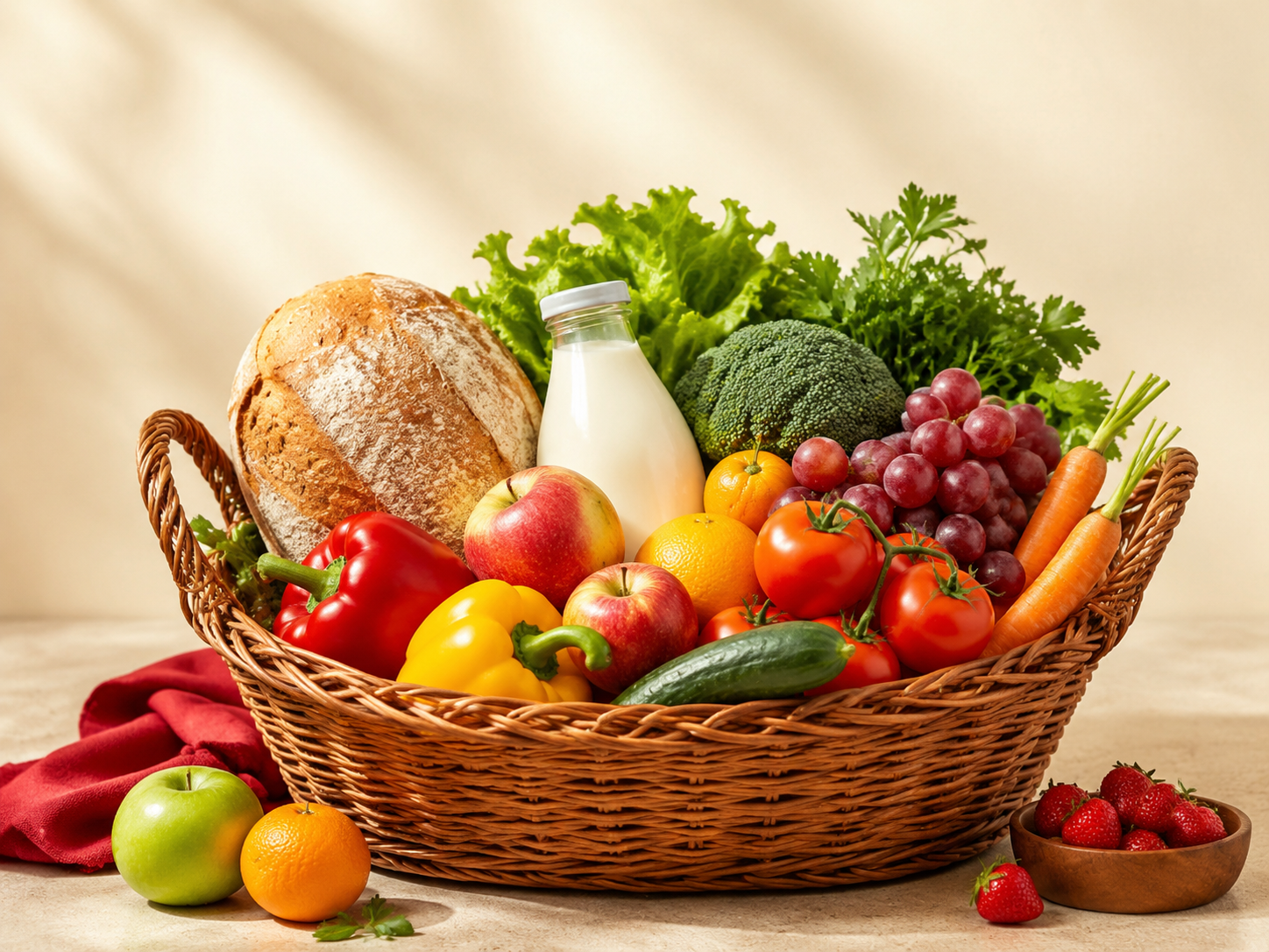Fresh vegetables, fruit, bread and milk arranged in a grocery basket